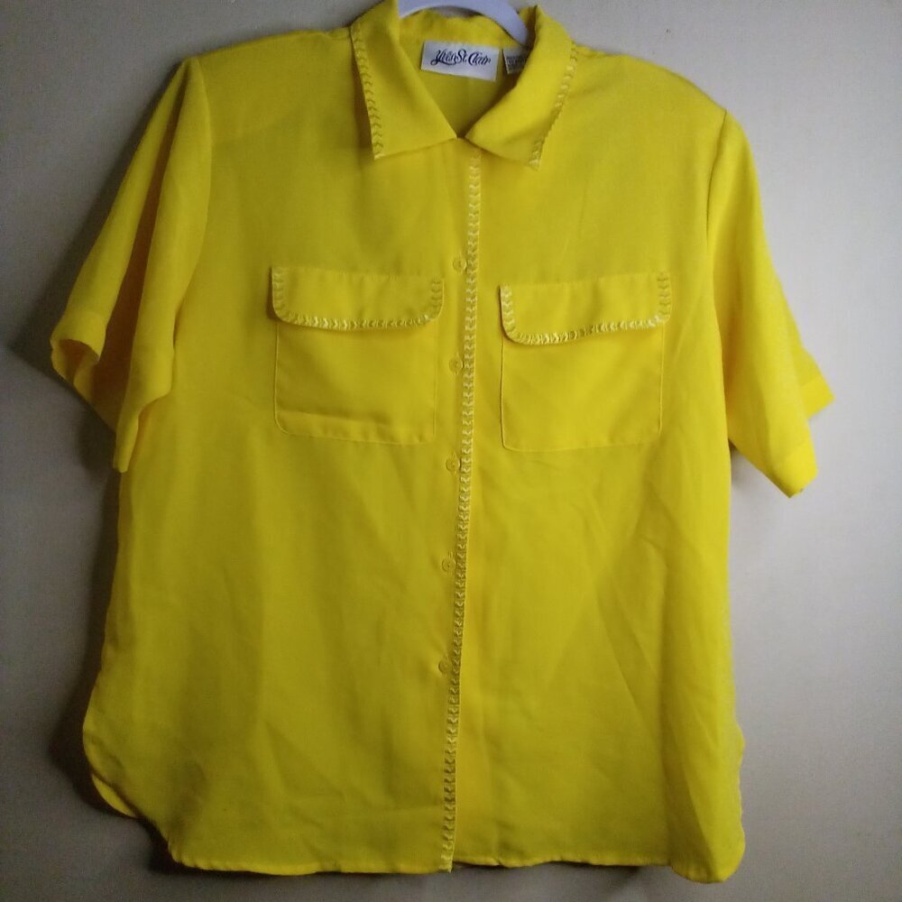 Yves St. Clair Women 12 Short Sleeve Button Up Vintage Lace Trim Yellow